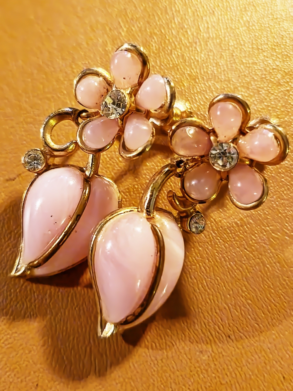 Vintage Gold-Tone Pink Flower Drop Earrings, Clip-on